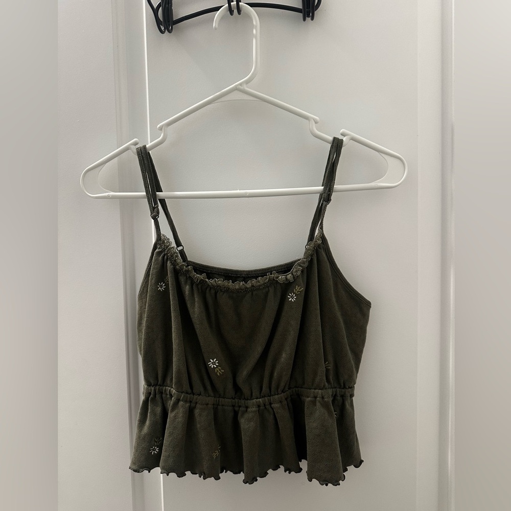Dark Green Crop Tank Top with Floral Embroidery